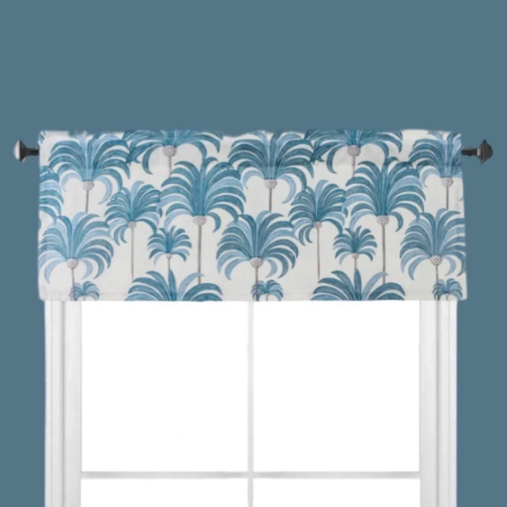 Luxury Home | Coastal Chic Blue Palm Tree Print Linen Blend Window Valence
